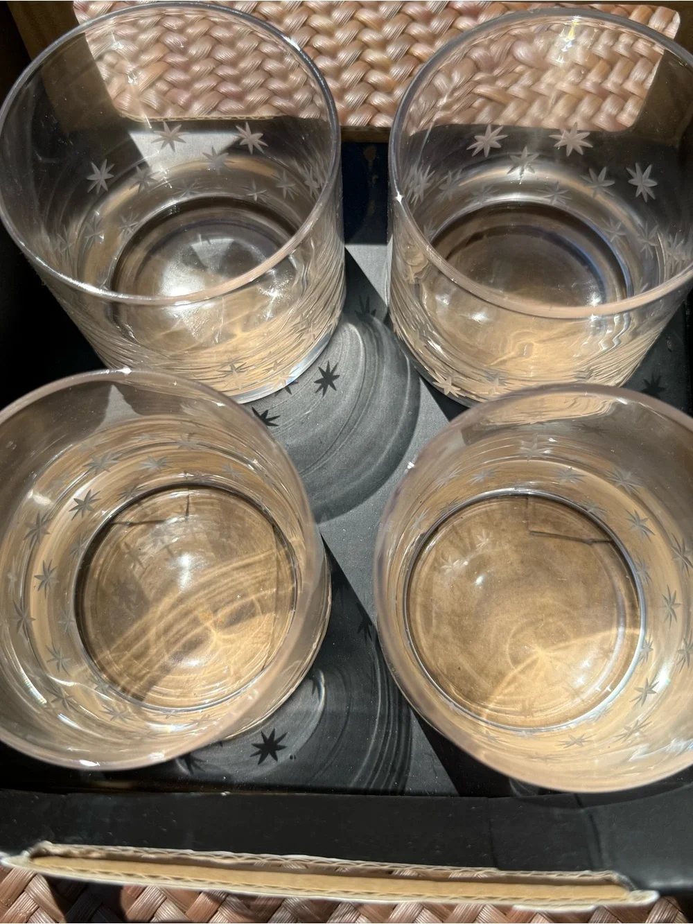 Crate & Barrel Double Old Fashioned Glasses Etched Starburst MCM Cocktail Set
